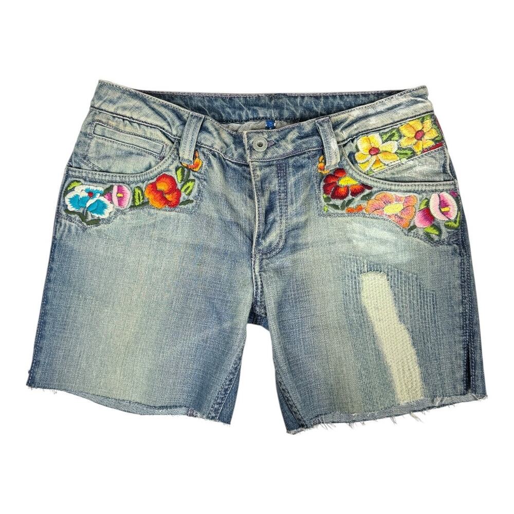 Antik Denim Floral Embroidered Jean Shorts 30 Cutoffs Distressed Boho Hippie
